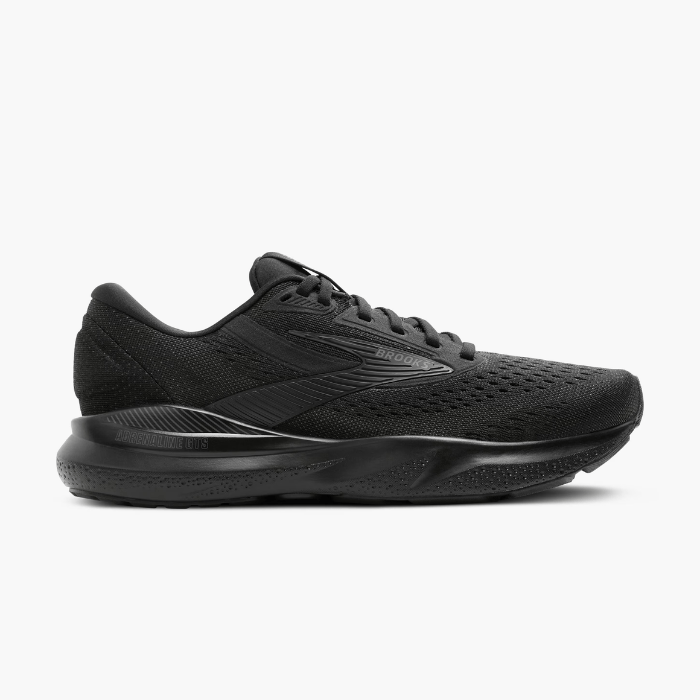 "Brooks Running Adrenaline GTS 24 Black/Black/Ebony sneakers by Hype Elixir – stability-focused, cushioned running shoes offering maximum support, comfort, and durability."