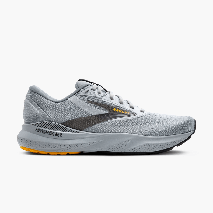 "Brooks Running Adrenaline GTS 24 Alloy/White/Gold Fusion sneakers by Hype Elixir – stability-focused, cushioned running shoes for optimal comfort, support, and performance."