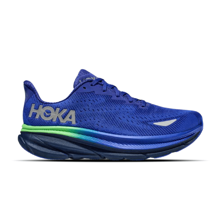 Hoka Clifton 9 GTX in Dazzling Blue/Evening Sky offers waterproof comfort and bold style. Shop on HypeElixir.com.