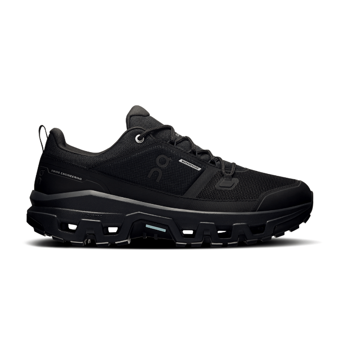 "On Running Cloudrock Low Waterproof Black hiking shoes by Hype Elixir – durable, lightweight, and weatherproof outdoor footwear."
