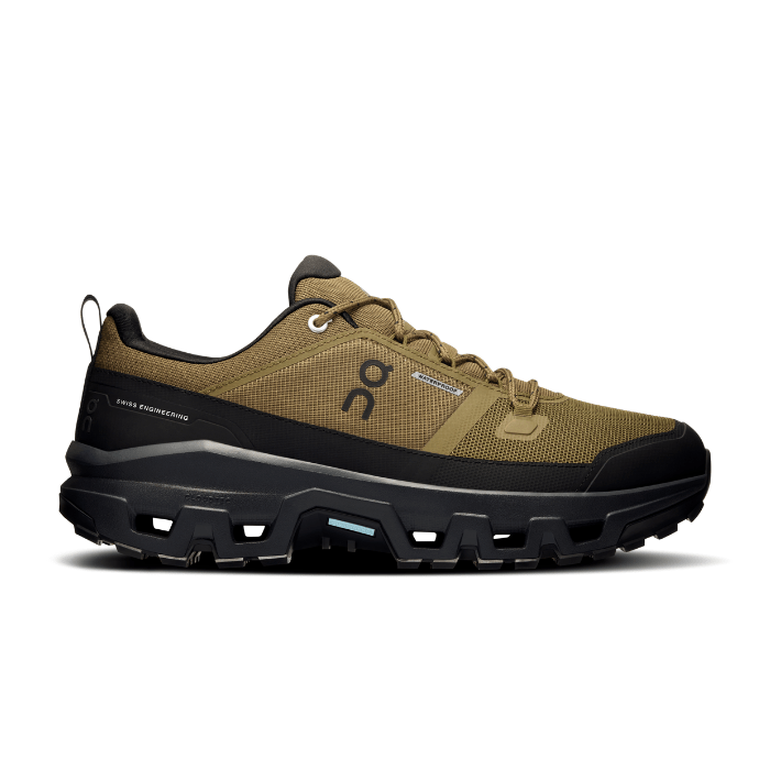 "On Running Cloudrock Low Waterproof Hunter Black hiking shoes by Hype Elixir – durable, weatherproof, and high-performance outdoor footwear."
