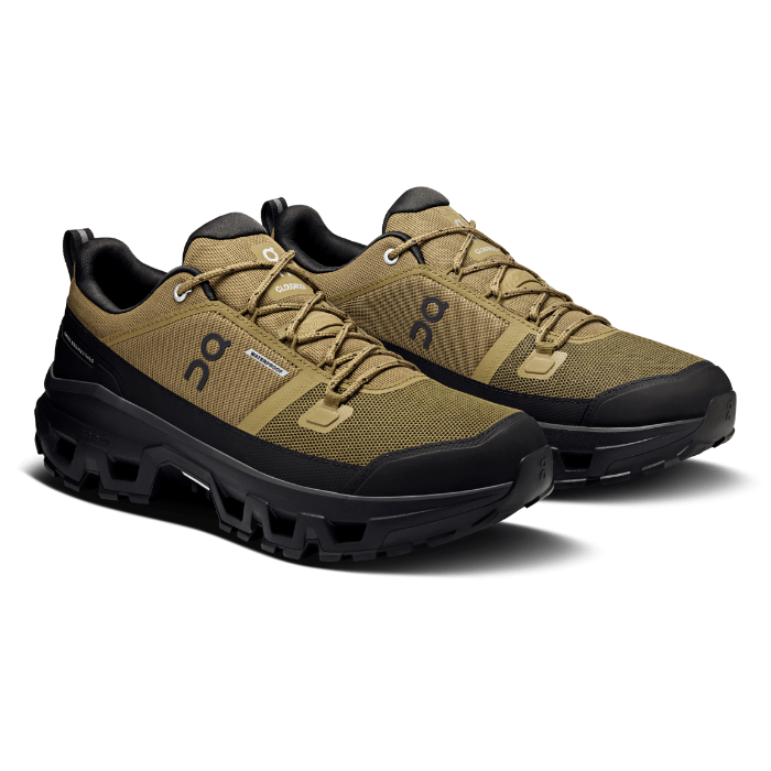 "On Running Cloudrock Low Waterproof Hunter Black hiking shoes by Hype Elixir – durable, weatherproof, and high-performance outdoor footwear."