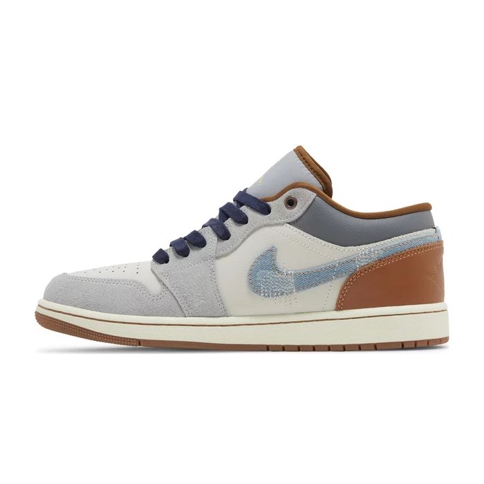 Jordan 1 Low SE Phantom with unique repaired denim Swoosh detailing and a clean neutral base. Shop now on HypeElixir.com.