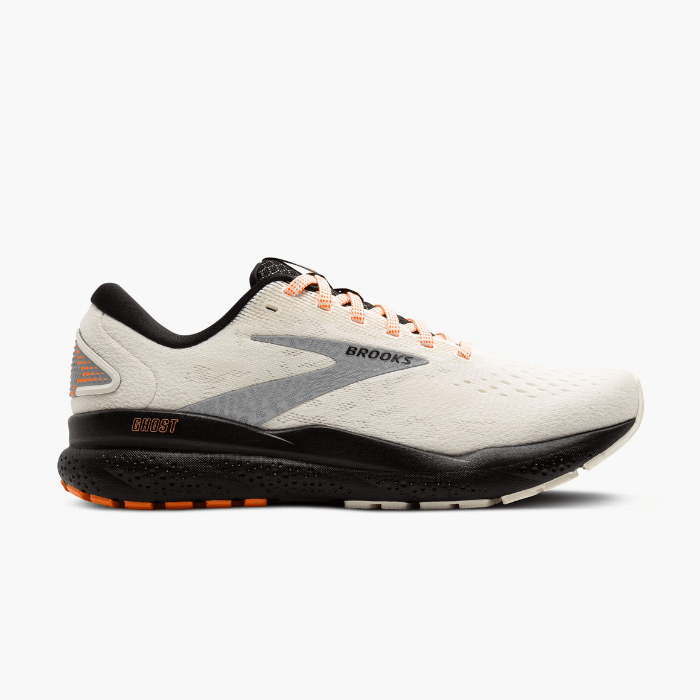 "Brooks Running Ghost 16 Ecru/Orange/Black sneakers by Hype Elixir – lightweight, cushioned running shoes featuring a bold Ecru, Orange, and Black colorway for superior comfort and performance."