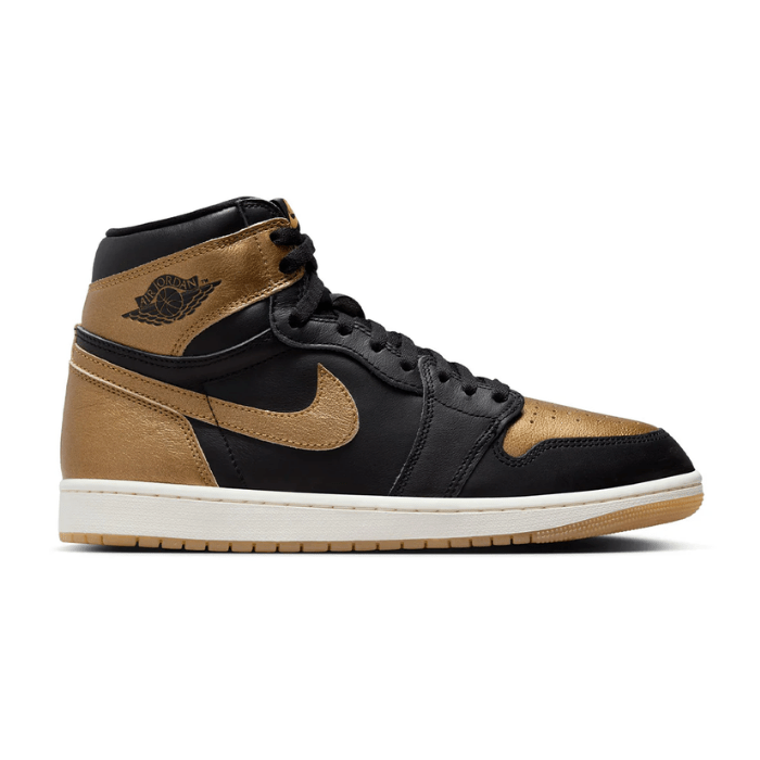 Jordan 1 Retro High OG Black Metallic Gold sneakers – classic design with luxurious metallic accents, offering premium style and comfort. Shop at HypeElixir.com.