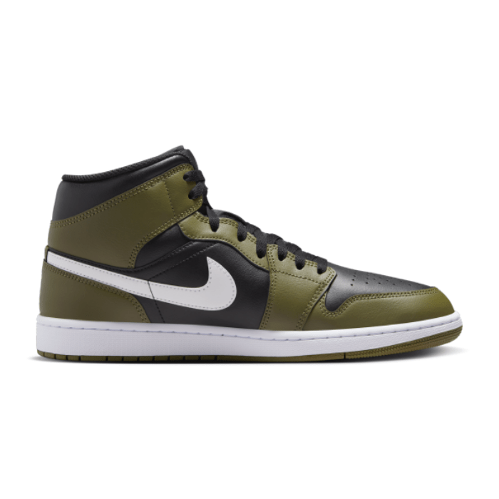 "Air Jordan 1 Mid Black White Olive sneakers by Hype Elixir – stylish mid-top design featuring a sleek black, white, and olive colorway for a versatile and bold look."