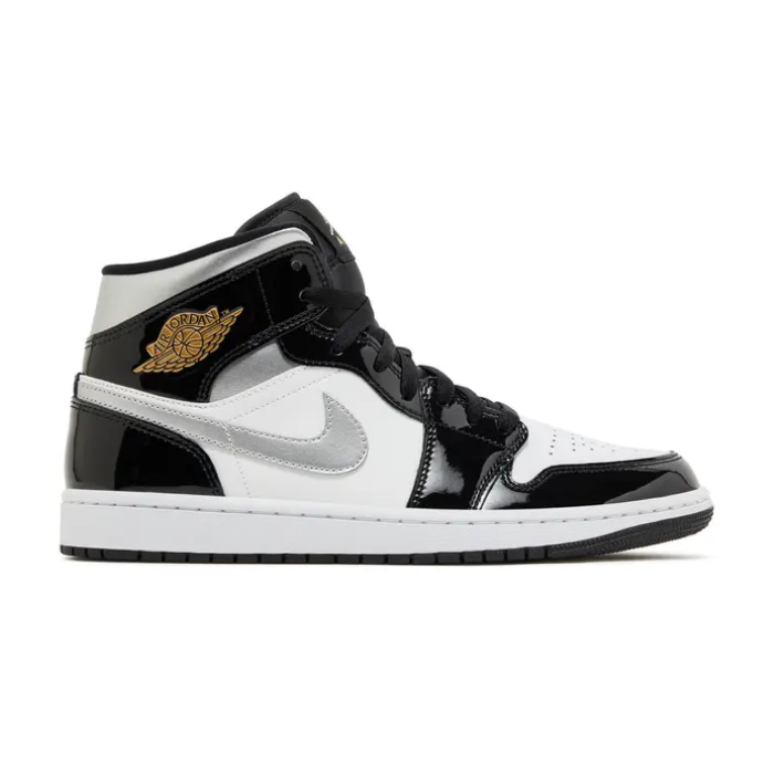 Jordan 1 Mid SE Patent Black White Metallic Silver Metallic Gold