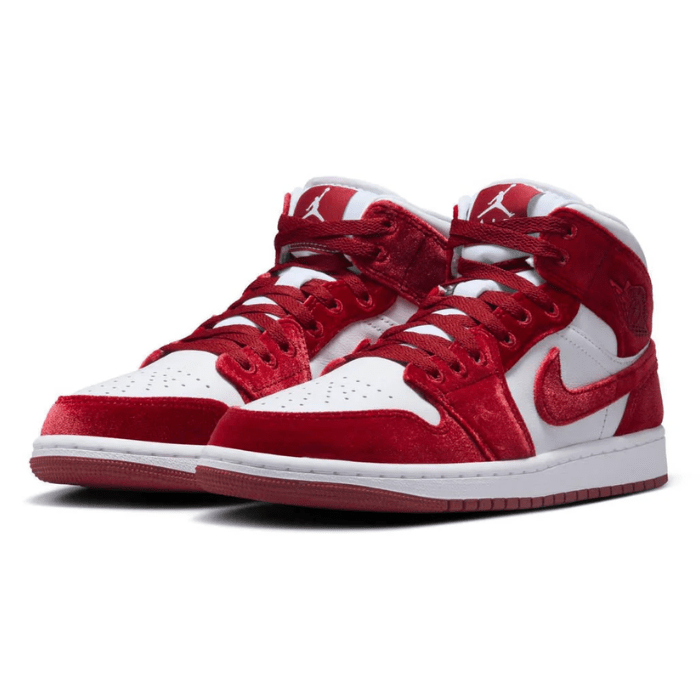 Women's Jordan 1 Mid SE Red Velvet – rich red tones, classic silhouette, and all-day comfort. Shop now at hypeelixir.com