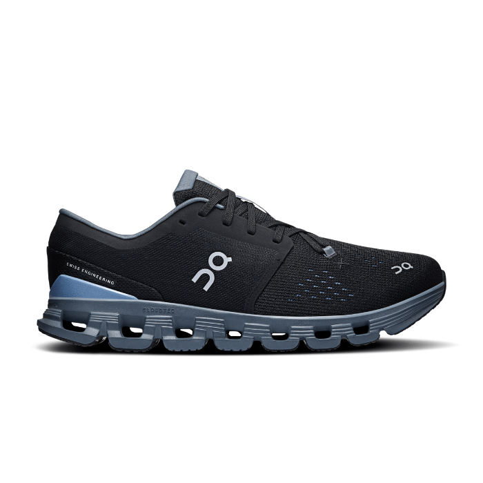 "On Running Cloud X4 Chambray Black sneakers by Hype Elixir – versatile, lightweight training shoes designed for agility, comfort, and style in a sleek Chambray Black colorway."