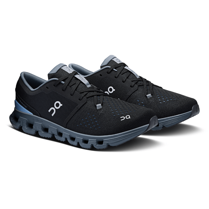 "On Running Cloud X4 Chambray Black sneakers by Hype Elixir – versatile, lightweight training shoes designed for agility, comfort, and style in a sleek Chambray Black colorway."