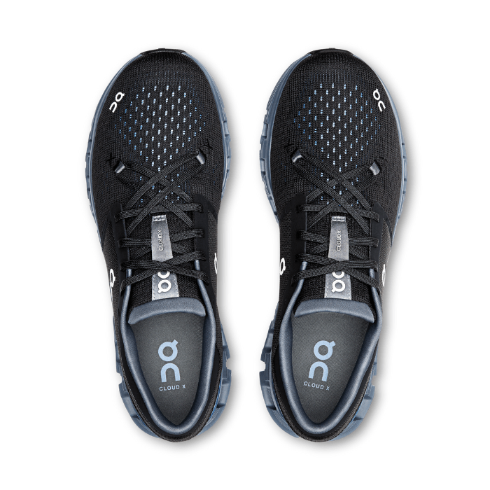 "On Running Cloud X4 Chambray Black sneakers by Hype Elixir – versatile, lightweight training shoes designed for agility, comfort, and style in a sleek Chambray Black colorway."