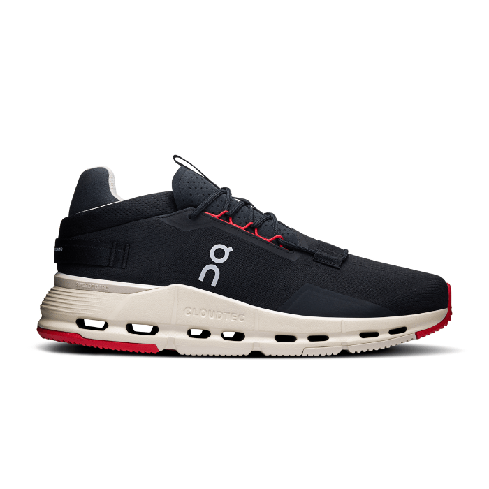 "On Running Cloudnova 2 Black Red sneakers by Hype Elixir – high-performance running shoes featuring a sleek black design with bold red accents for style, comfort, and support."