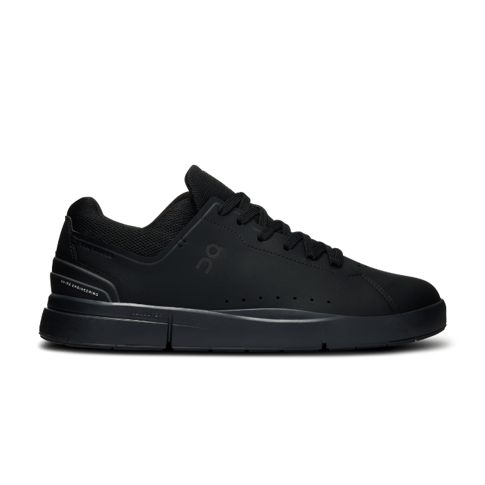 "On Running Roger Advantage All Black sneakers by Hype Elixir – sleek, tennis-inspired shoes offering all-day comfort and performance in a minimalist, all-black design."