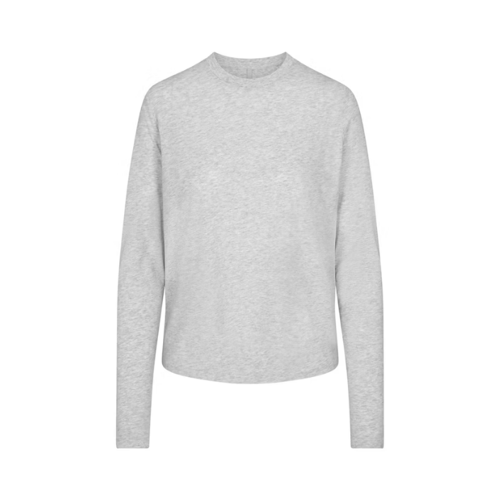 Skims Relaxed Tees Long Sleeve T-Shirt in Light Heather Grey offers soft, breathable comfort with a loose fit. Shop on hypeelixir.com