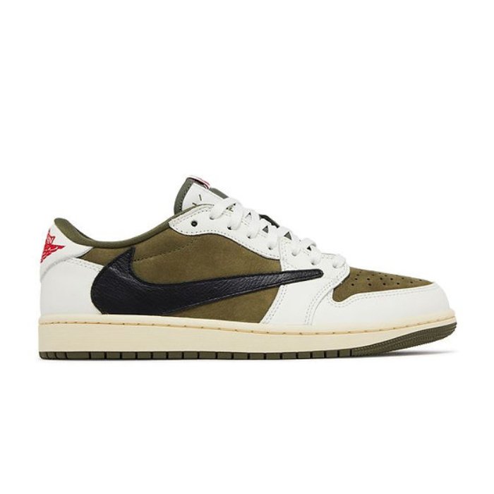 Air Jordan 1 Retro Low OG Travis Scott Medium Olive features reverse Swoosh & premium suede in earthy tones. Shop on HypeElixir.com.