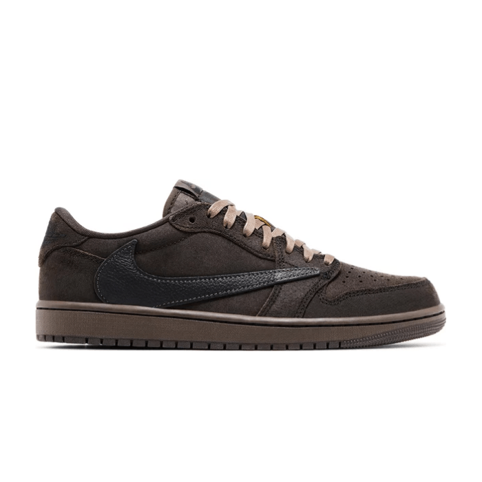 Jordan 1 Retro Low OG Travis Scott in Velvet Brown features signature reverse Swoosh and earthy tones for standout street style. Shop on hypeelixir.com