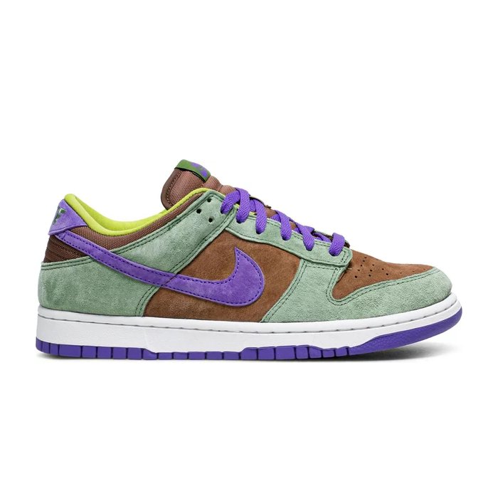 Nike Dunk Low Veneer features premium suede in green, brown, and purple hues for a bold retro look. Shop on HypeElixir.com.