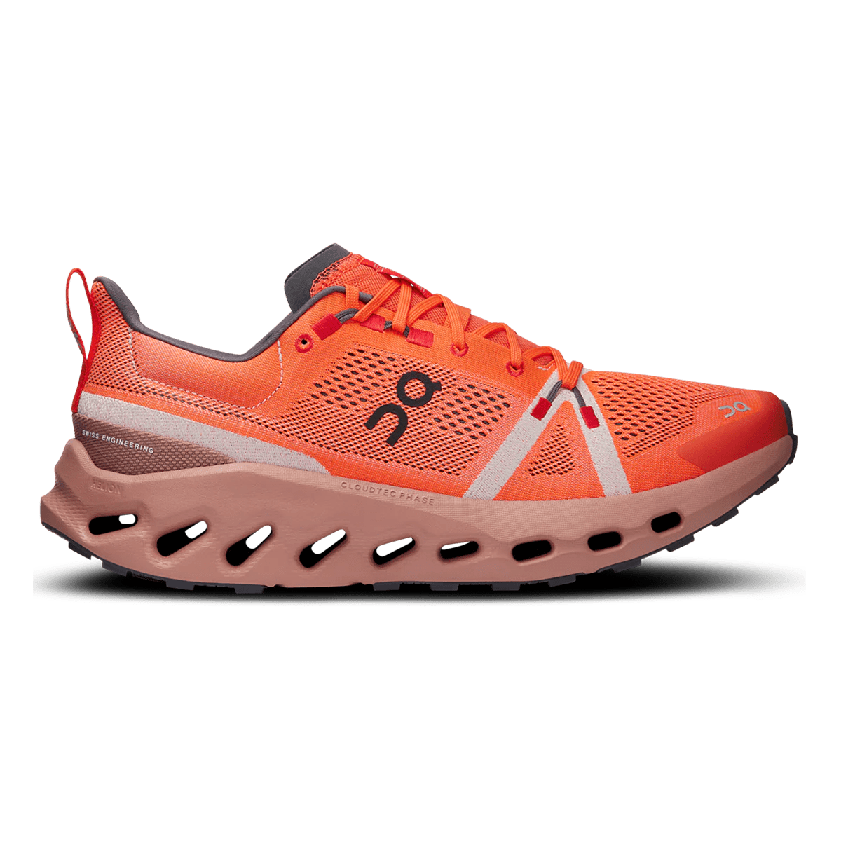 "On Running Cloudsurfer Trail Flame Dustrose sneakers by Hype Elixir – bold and vibrant trail shoes in Flame Dustrose, designed for comfort, stability, and enhanced traction for outdoor adventures."