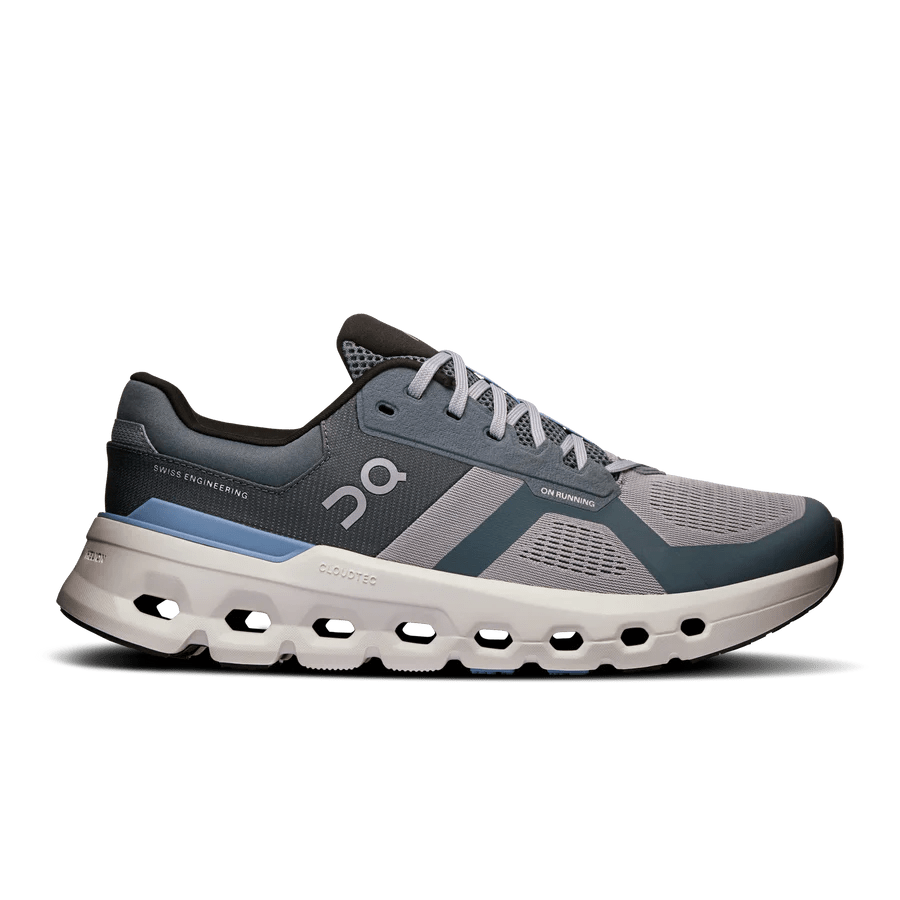 "On Running Cloudrunner 2 Alloy Chambray sneakers by Hype Elixir – supportive, cushioned running shoes featuring a stylish alloy chambray colorway for comfort and performance."