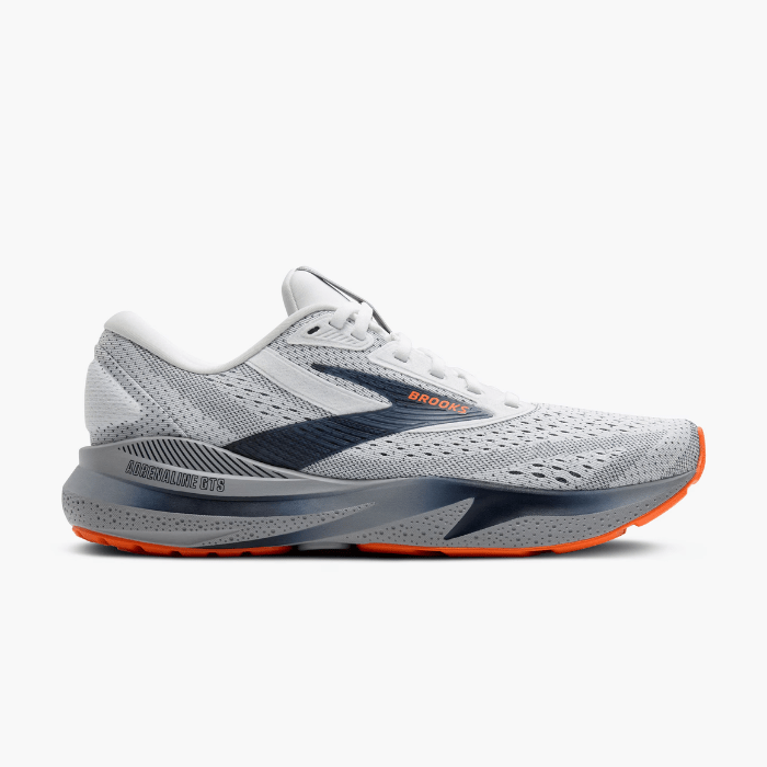"Brooks Running Adrenaline GTS 24 White/Peacoat/Alloy sneakers by Hype Elixir – stability-focused, cushioned running shoes offering exceptional comfort, support, and performance."

