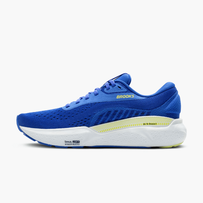 "Brooks Running Adrenaline GTS 24 Cobalt/Neo Yellow/Peacoat sneakers by Hype Elixir – stability-focused, cushioned running shoes offering superior comfort, support, and vibrant style."