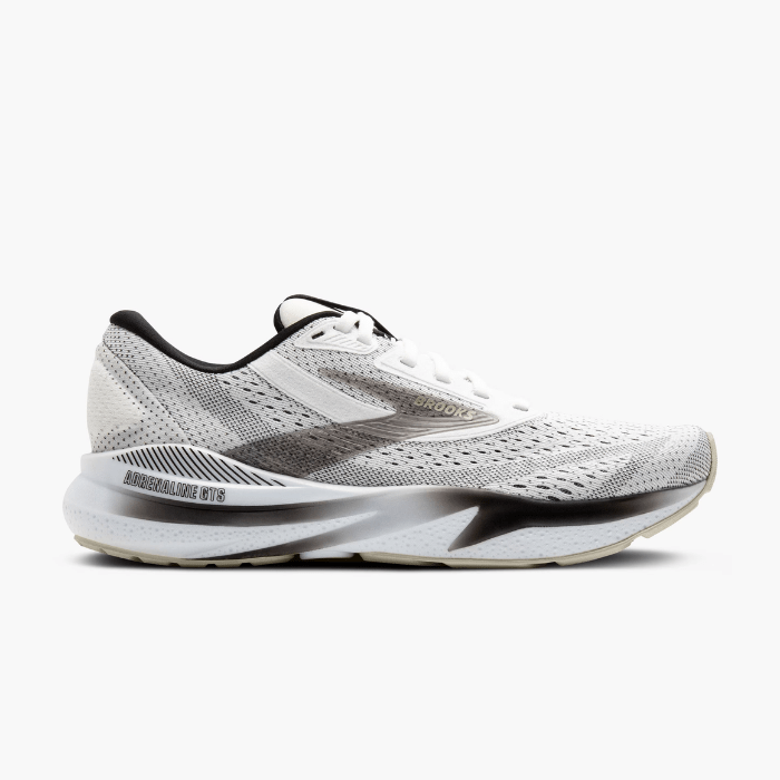 "Brooks Running Adrenaline GTS 24 White/Black/Pelican sneakers by Hype Elixir – stability-focused, cushioned running shoes designed for comfort, support, and performance."