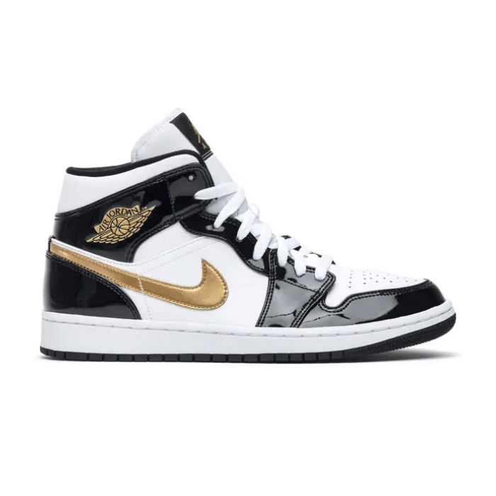 Jordan 1 Mid Patent in Black White Gold features sleek patent leather and timeless style. Shop on HypeElixir.com.