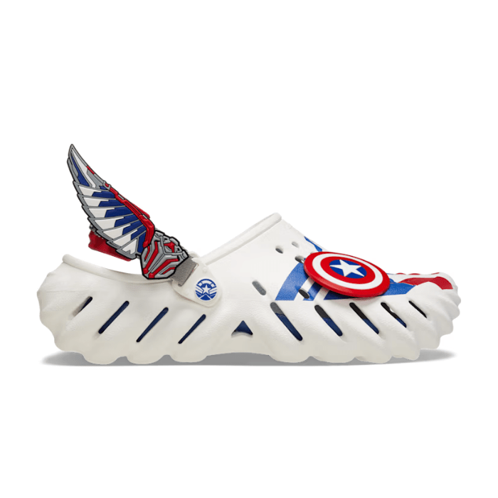 "Crocs Echo Clog Marvel Captain America Sam Wilson – stylish and durable clogs featuring the iconic Captain America Sam Wilson design, blending comfort with heroic flair for Marvel fans."