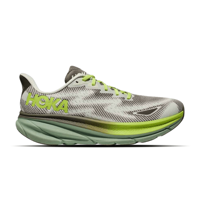 Hoka Clifton 9 GTX Slate Aloe Vera offers waterproof comfort, traction, and style for daily runs. Shop on HypeElixir.com.
