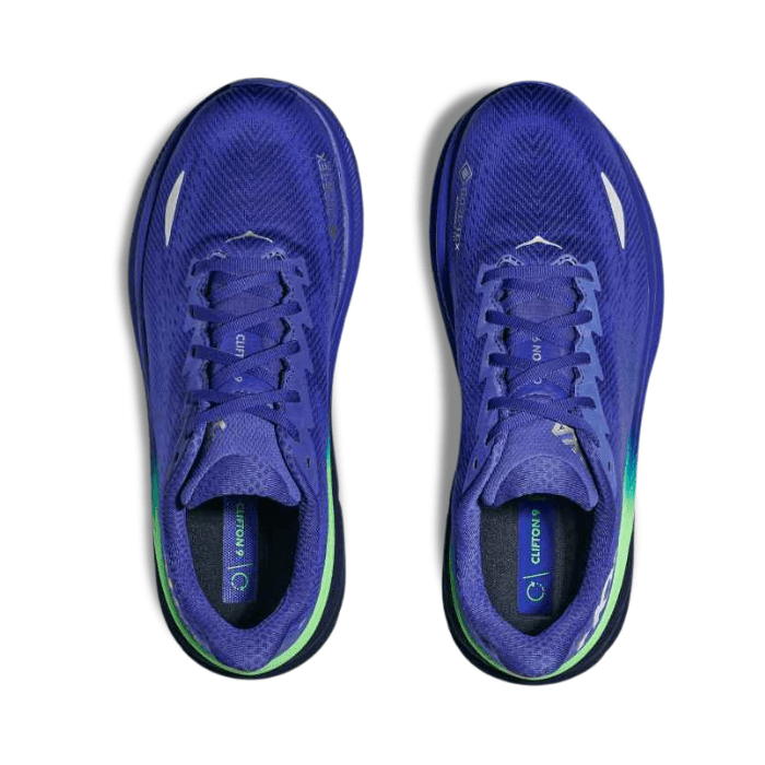 Experience all-weather comfort with Hoka Clifton 9 GTX in Dazzling Blue and Evening Sky. Shop on HypeElixir.com