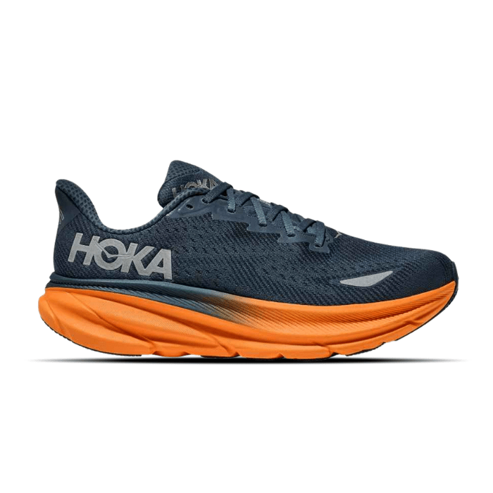 Hoka Clifton 9 GTX in Stormy Skies Orange Zest offers waterproof comfort, durability, and bold style for any run. Shop on HypeElixir.com.