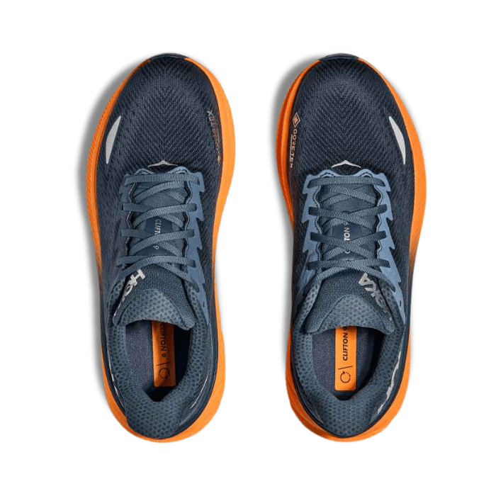 Run in any weather with Hoka Clifton 9 GTX Stormy Skies Orange Zest—lightweight, cushioned, and weather-ready sneakers. Shop on HypeElixir.com.