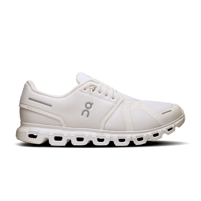 "On Running Cloud 6 White sneakers by Hype Elixir – lightweight, cushioned running shoes with a clean white design for superior comfort, support, and performance."