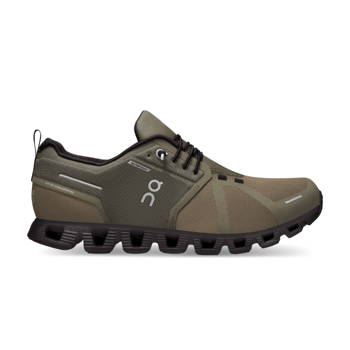 "On Running Cloud 5 Waterproof Olive Black sneakers by Hype Elixir – versatile, waterproof running shoes featuring a stylish Olive Black colorway, designed for all-weather protection and comfort."