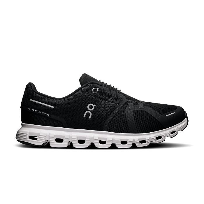 "On Running Cloud 6 Black White sneakers by Hype Elixir – sleek, lightweight running shoes featuring a black and white design for superior comfort, support, and style."