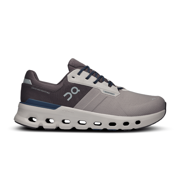 "On Running Cloudrunner 2 Waterproof Zinc Midnight sneakers by Hype Elixir – durable, waterproof running shoes with CloudTec® cushioning, featuring a sleek Zinc Midnight colorway for ultimate comfort and protection."