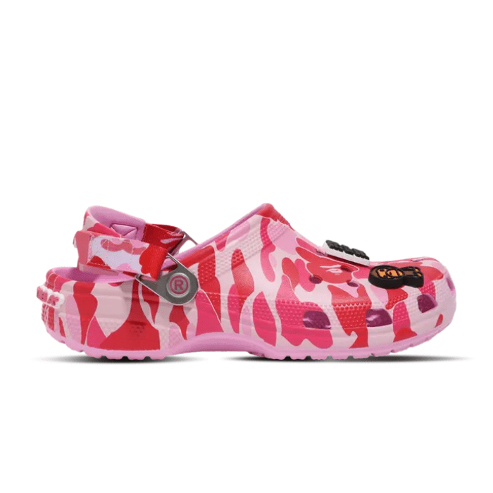 "Crocs Classic Clog A Bathing Ape ABC Camo Pink – stylish clogs featuring A Bathing Ape's signature ABC camo print in pink, combining vibrant design with the classic Crocs comfort and durability."