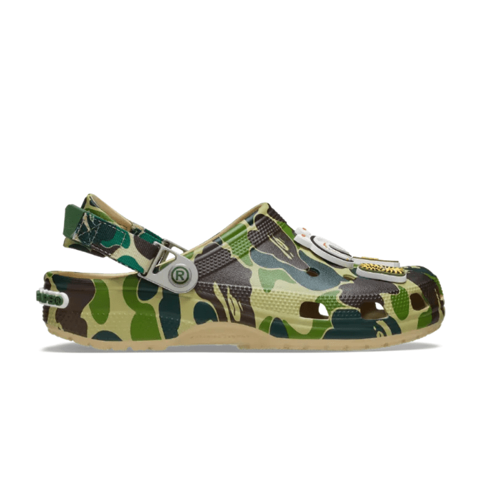 "Crocs Classic Clog A Bathing Ape ABC Camo Green – iconic Crocs featuring the A Bathing Ape ABC camo design in green, offering a bold and stylish look with signature comfort and support."