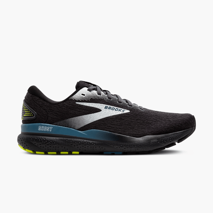 "Brooks Running Ghost 16 Black/Ebony/Blue sneakers by Hype Elixir – lightweight, cushioned running shoes offering comfort, support, and a sleek design."