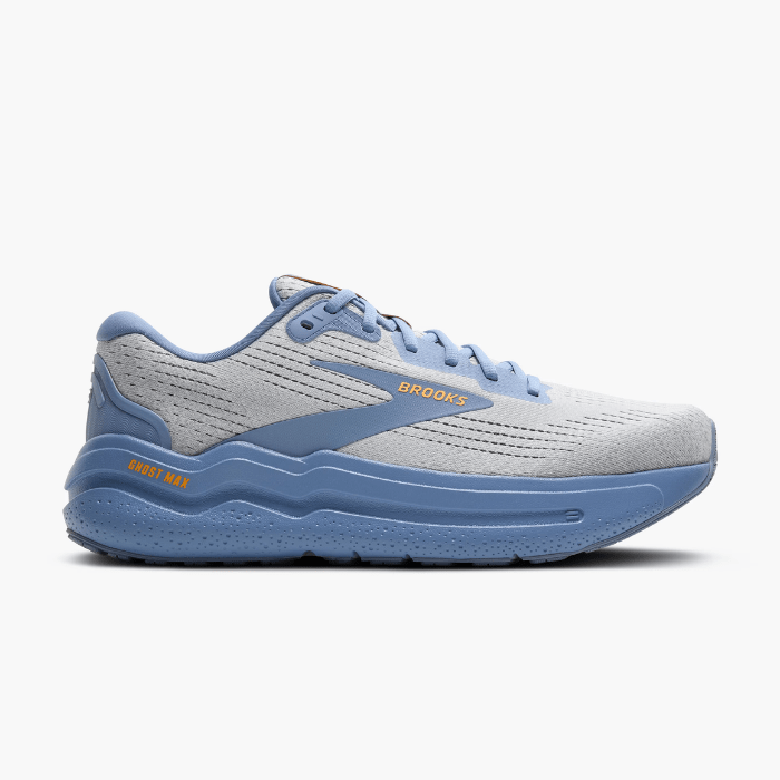"Brooks Running Ghost Max 2 Oyster Mushroom/Blue/Orange sneakers by Hype Elixir – lightweight, cushioned running shoes offering comfort, support, and style."