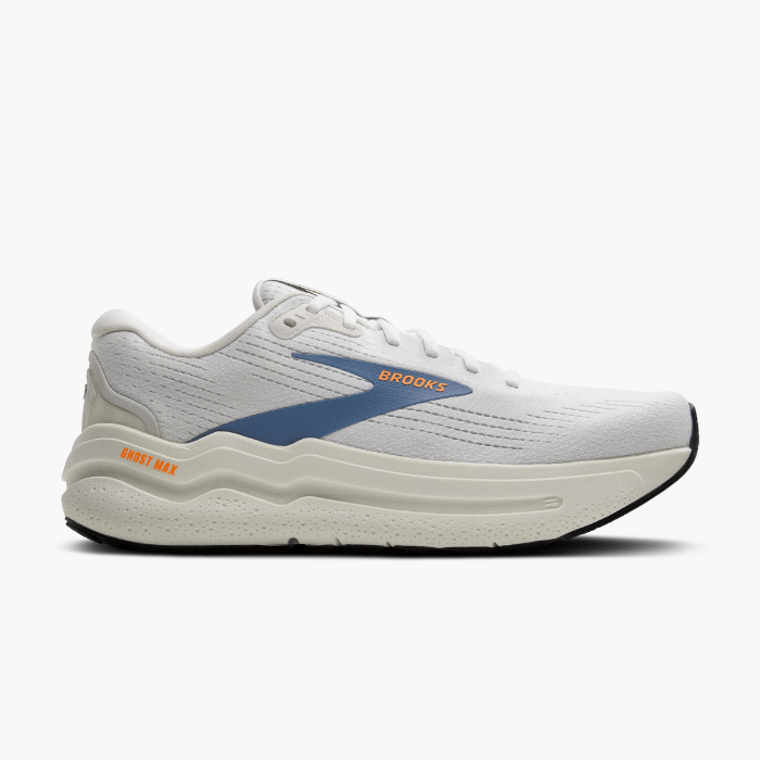 "Brooks Running Ghost Max 2 White/WinterSky/Orange sneakers by Hype Elixir – lightweight, cushioned running shoes for superior comfort and performance."