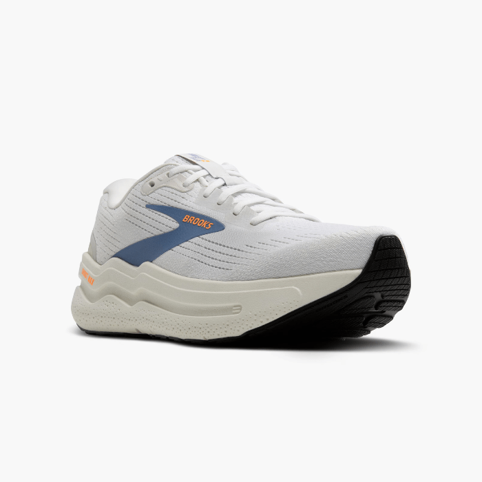 "Brooks Running Ghost Max 2 White/WinterSky/Orange sneakers by Hype Elixir – lightweight, cushioned running shoes for superior comfort and performance."