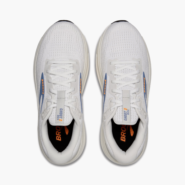 "Brooks Running Ghost Max 2 White/WinterSky/Orange sneakers by Hype Elixir – lightweight, cushioned running shoes for superior comfort and performance."