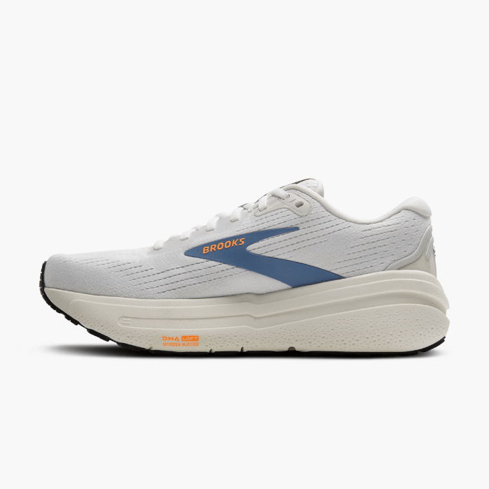 "Brooks Running Ghost Max 2 White/WinterSky/Orange sneakers by Hype Elixir – lightweight, cushioned running shoes for superior comfort and performance."