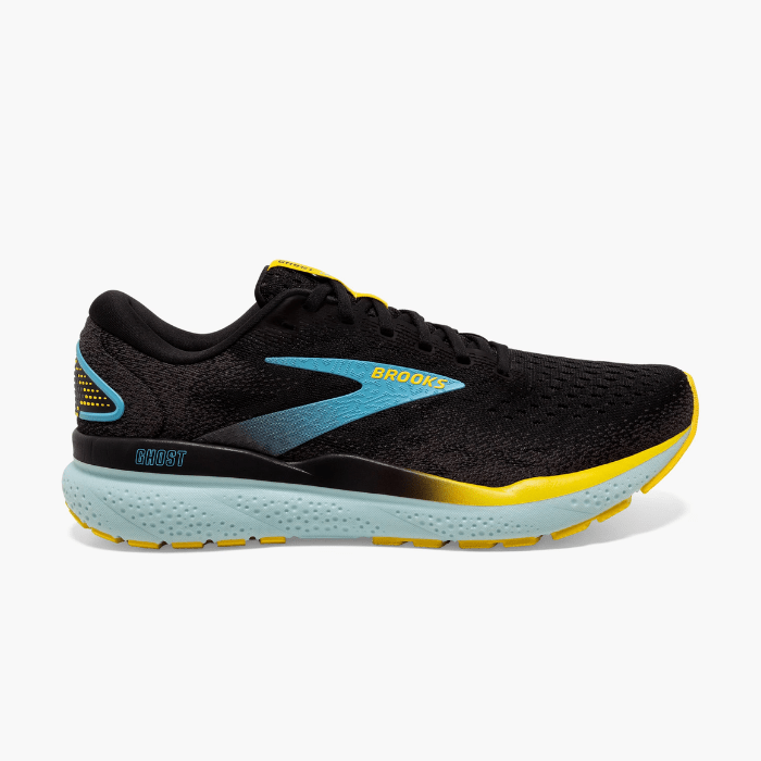 "Brooks Running Ghost 16 Black/Forged Iron/Blue sneakers by Hype Elixir – lightweight, cushioned running shoes offering comfort, support, and stylish design."