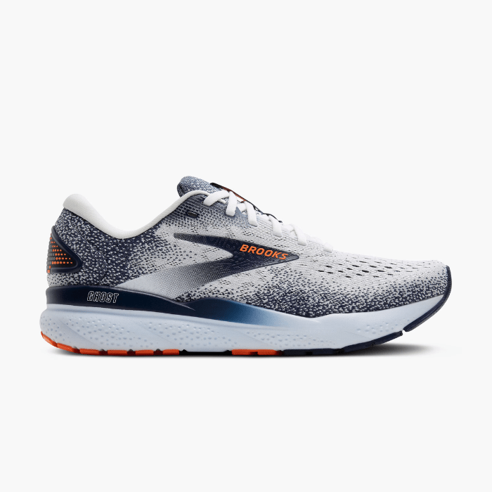 "Brooks Running Ghost 16 White/Peacoat/Orange sneakers by Hype Elixir – lightweight, cushioned running shoes for exceptional comfort, support, and performance."