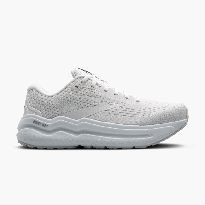 "Brooks Running Ghost Max 2 Bright White/Bright White sneakers by Hype Elixir – lightweight, cushioned running shoes offering superior comfort, support, and style."