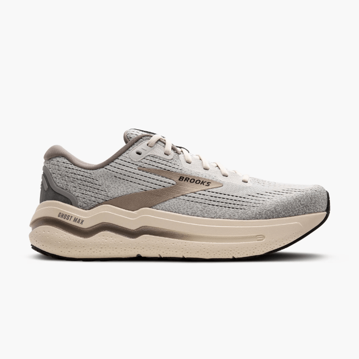 "Brooks Running Ghost Max 2 Grey/Frost Grey/Champagne sneakers by Hype Elixir – lightweight, cushioned running shoes for enhanced comfort, support, and performance."