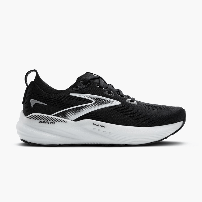 "Brooks Running Glycerin GTS 22 Black/Grey/White sneakers by Hype Elixir – cushioned, stability running shoes offering comfort, support, and durability."