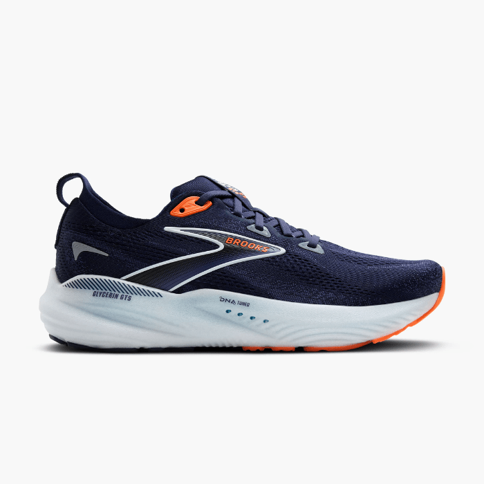 "Brooks Running Glycerin GTS 22 Peacoat/Blue Ribbon/Orange sneakers by Hype Elixir – cushioned, stability running shoes for superior comfort, support, and style."
